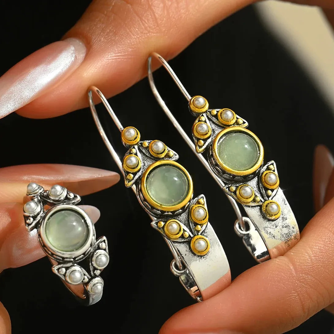 Retro Bohemian Copper Pearl Ring and Geometric Earrings Set for Women