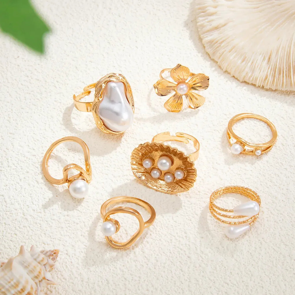 7Pcs Vintage Irregular Geometric Flower Pearl Rings Set for Women Fashion Jewelry