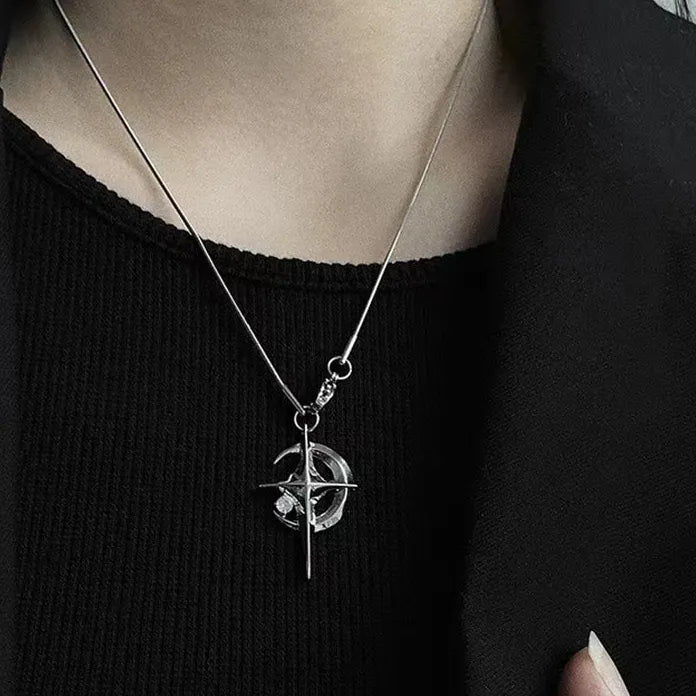 Y2K Cuban Figaro Chain Star Moon Pendant Necklace Zinc Alloy Jewelry