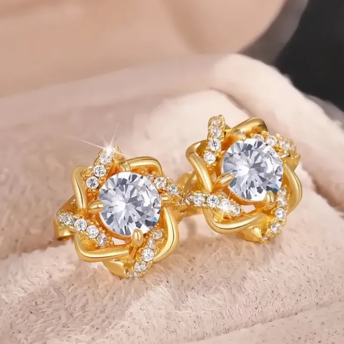 Gold Tone Geometric Cubic Zirconia Circle Stud Earrings for Women