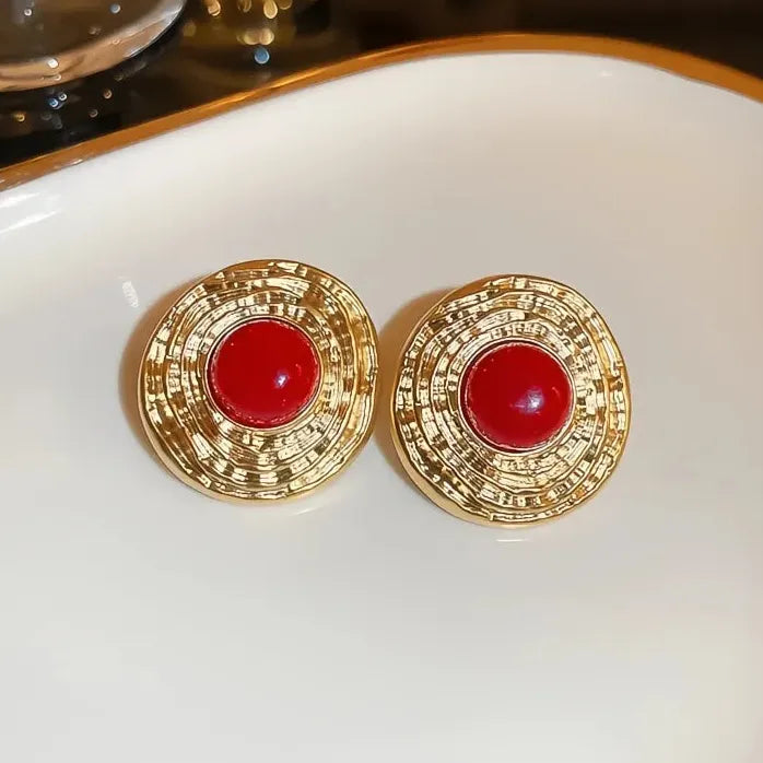Big Round Red Stone Circle Stud Earrings Brass Acrylic Jewelry for Women