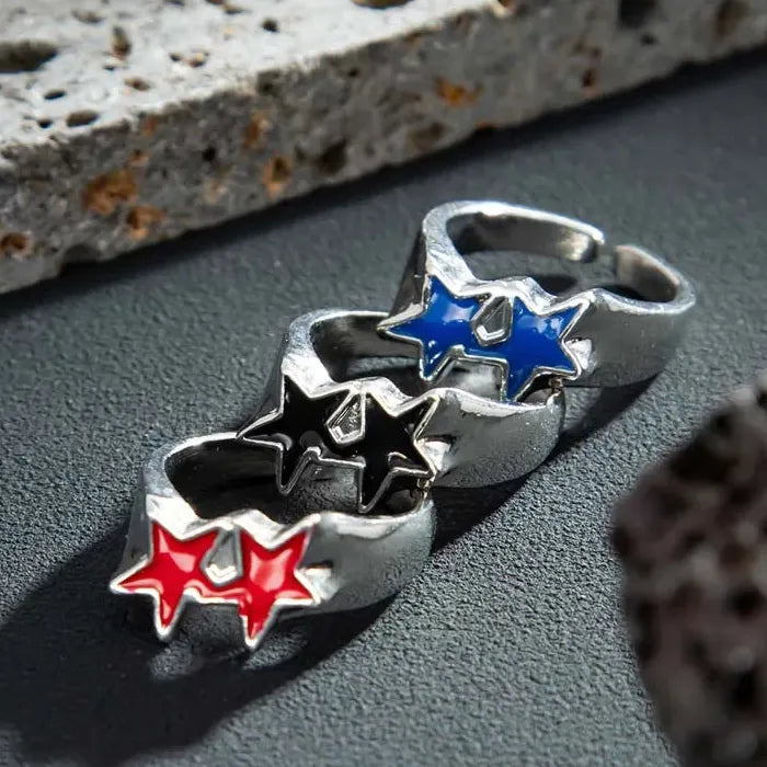 Adjustable Vintage Black Drip Pentagram Star Ring for Men Women Fashion Jewelry
