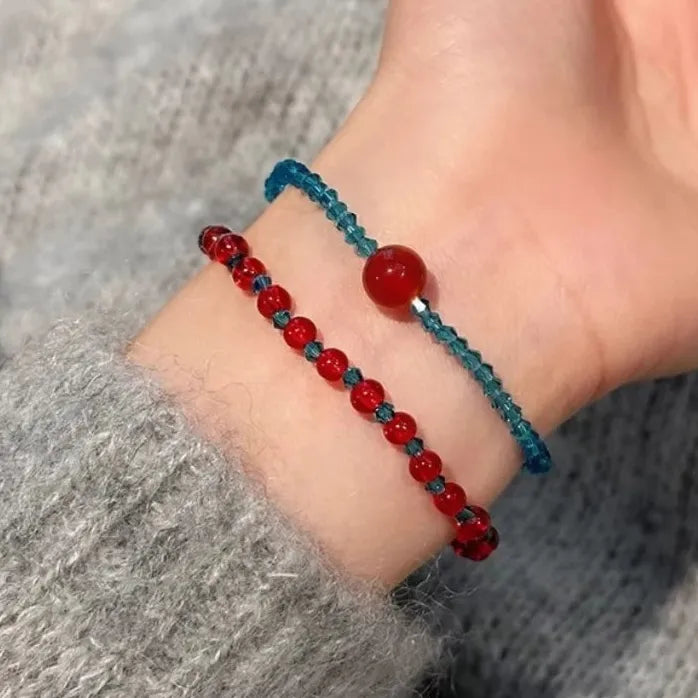 Vintage Red Blue Crystal Beaded Double-Layer Y2K Bracelet for Women Couples Jewelry