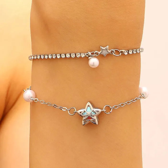 Zinc Alloy Star Zircon Stud Earrings with Bow Pearl Necklace & Bracelet Set