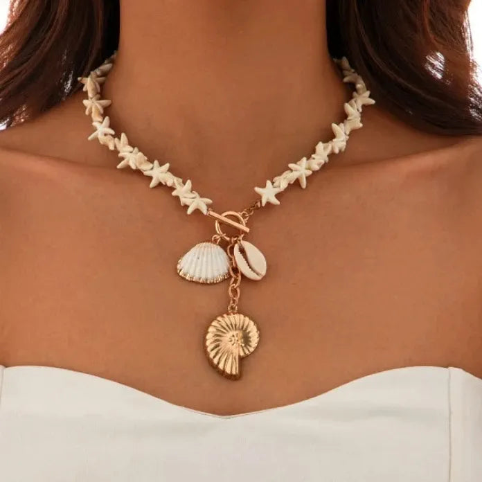 Resin Shell Starfish Pendant Necklace with Gray Pearl Tassel Choker Women’s