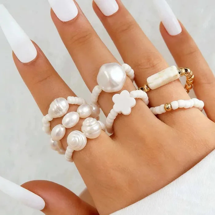 Cross Beads Ring Set for Women Ethnic Retro Blue Stone Jewelry Gift