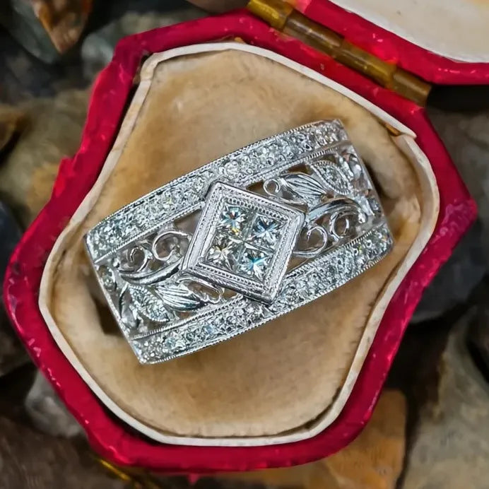 Vintage Luxury Silver Hollow Out CZ Cocktail Ring for Women Gift
