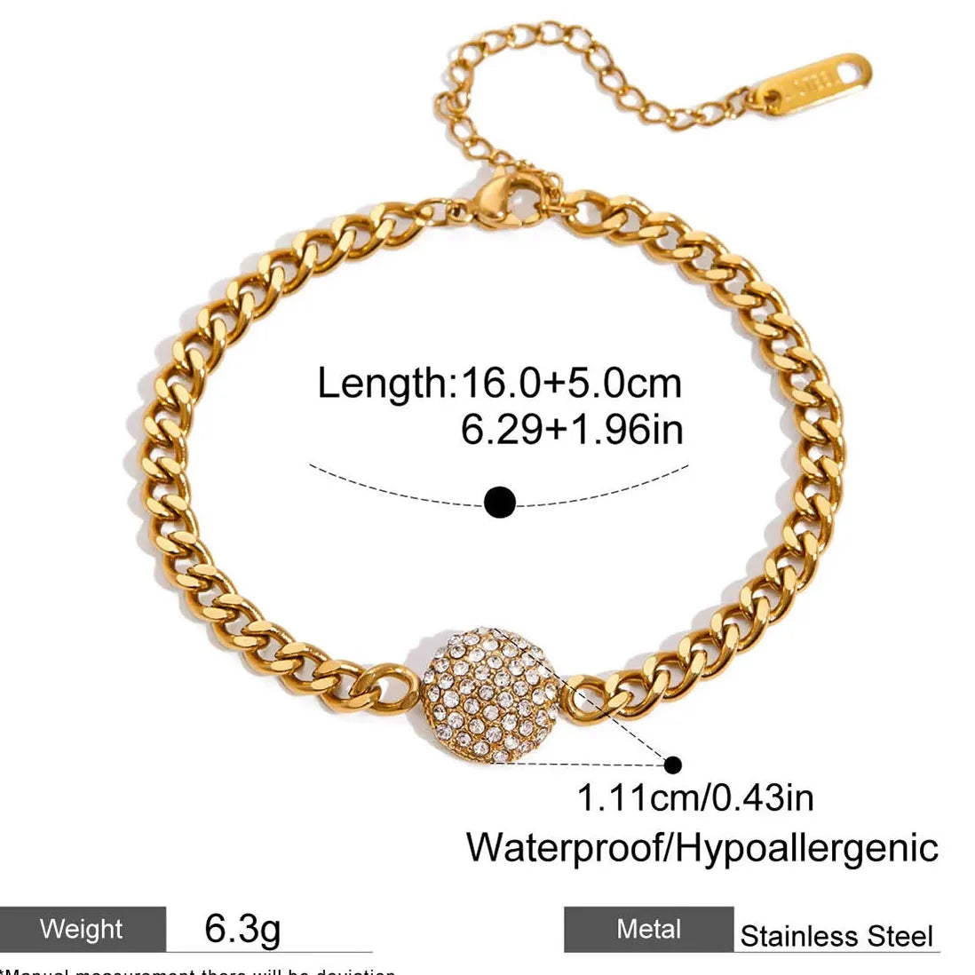 18K Gold Plated Geometric CZ Zircon Bracelet Punk Hypoallergenic Chain Jewelry