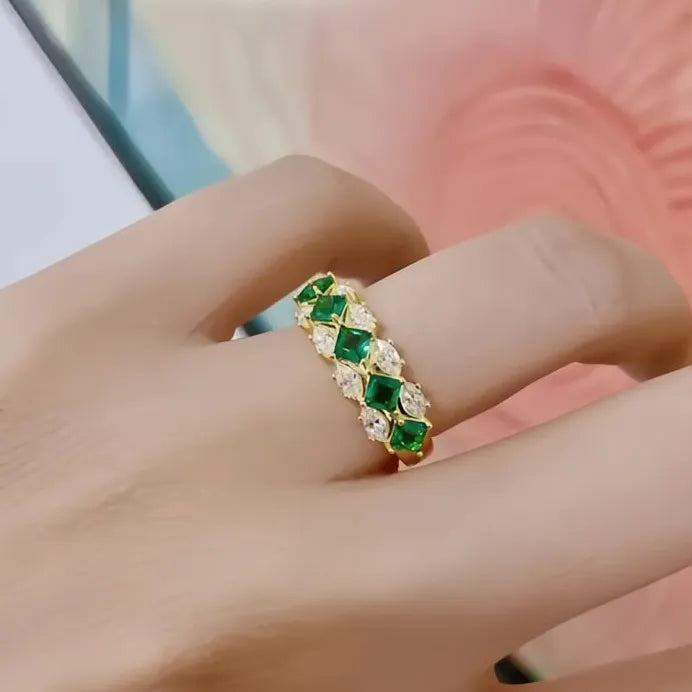 Luxury Gold Green Cubic Zirconia Geometric Wedding Ring for Women Jewelry
