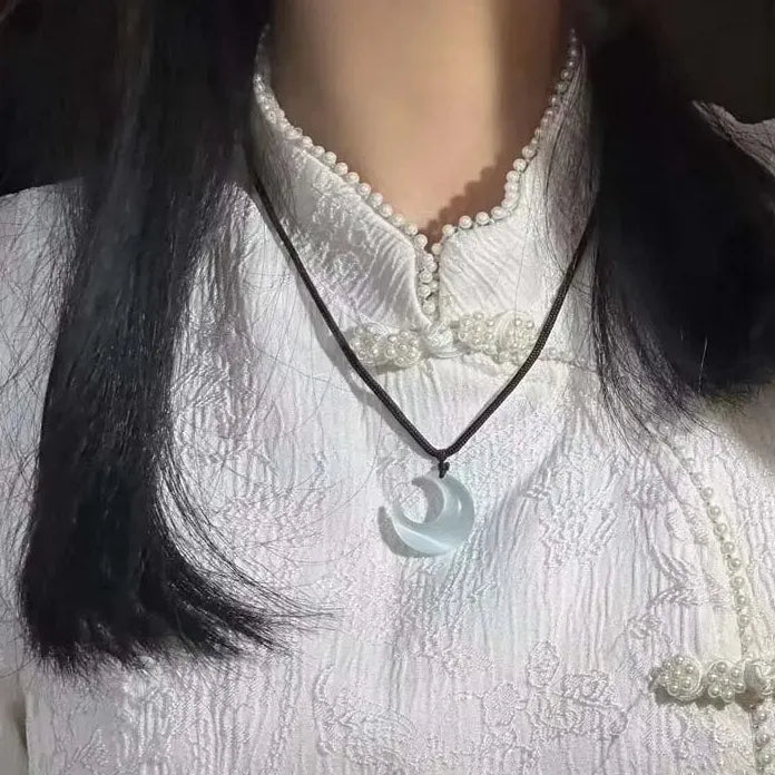 Chinese Style Opal Moon Pendant Necklace Women Acrylic Beaded Chain Gift