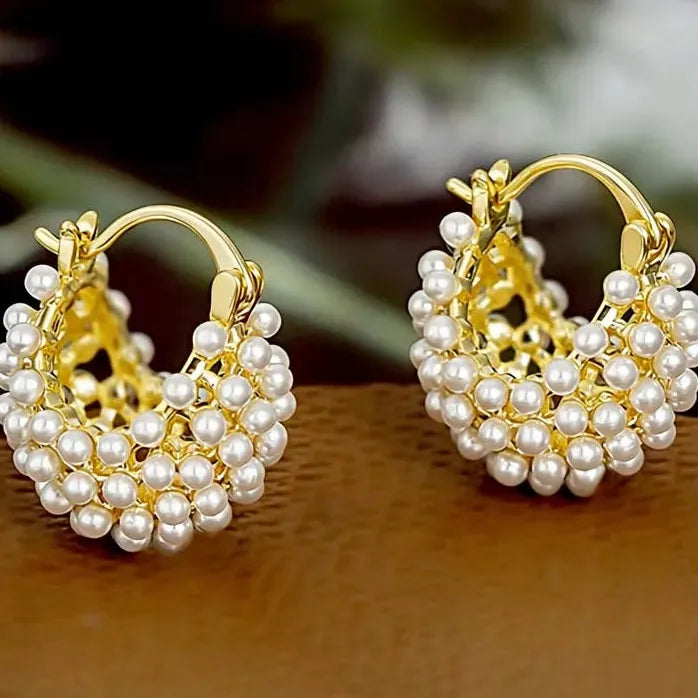 Imitation Pearl Hoop Earrings for Women Girls Hollow Flower Basket Design