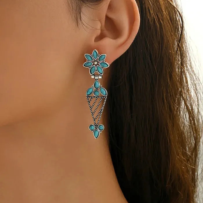 Retro Bohemian Hollow Flower Turquoise Drop Earrings Zinc Alloy for Women