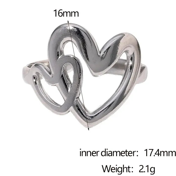 Adjustable Stainless Steel Open Heart Ring for Women Men Romantic Gift Jewelry