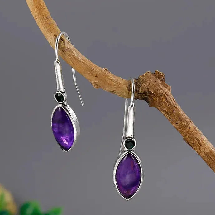 Horse Eye Shape Purple Zircon Drop Earrings Zinc Alloy Silver Plated Jewelry Gift