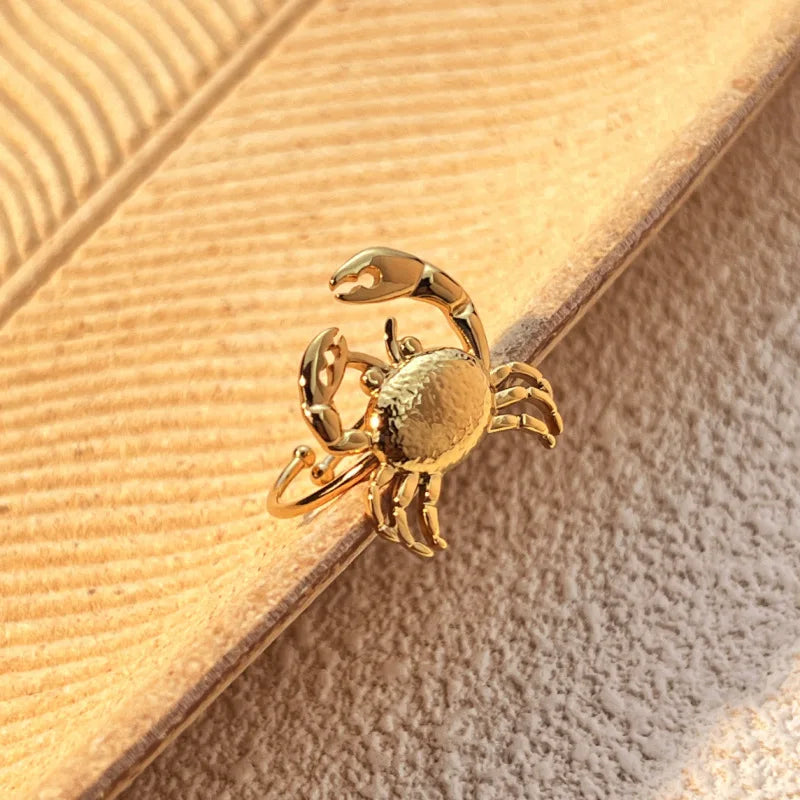 18K Gold Plated Stainless Steel Adjustable Crab Ring for Women Girls Summer Jewelry