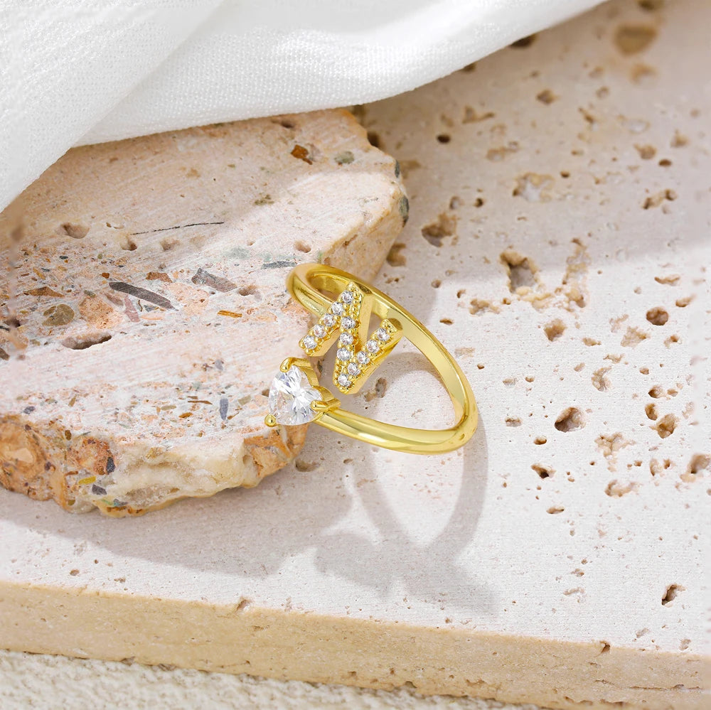 Polished Gold Plated Copper A-Z Letter Initial Ring with Zircon Heart Wedding Jewelry