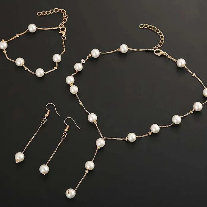 3Pcs Korean Gold Pearl Choker Necklace Earrings Set Fashion Jewelry