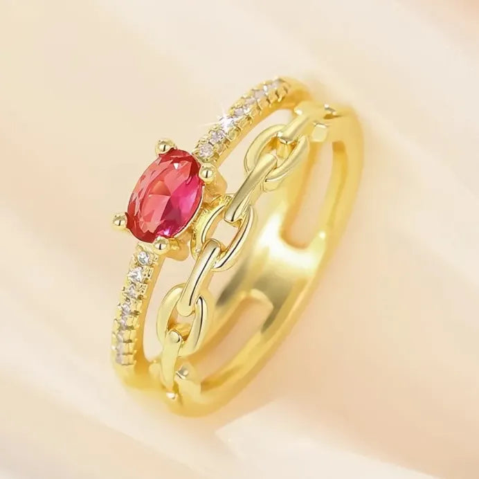 Gold Red Cubic Zirconia Women's Geometric Wedding Party Band Ring