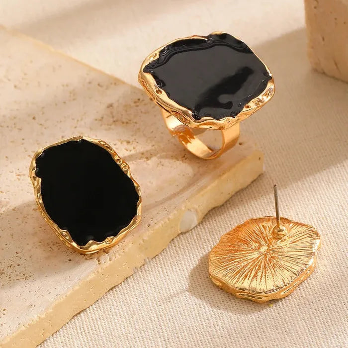 Vintage Coffee Irregular Geometric Stud Earrings and Rings Set Fashion Jewelry