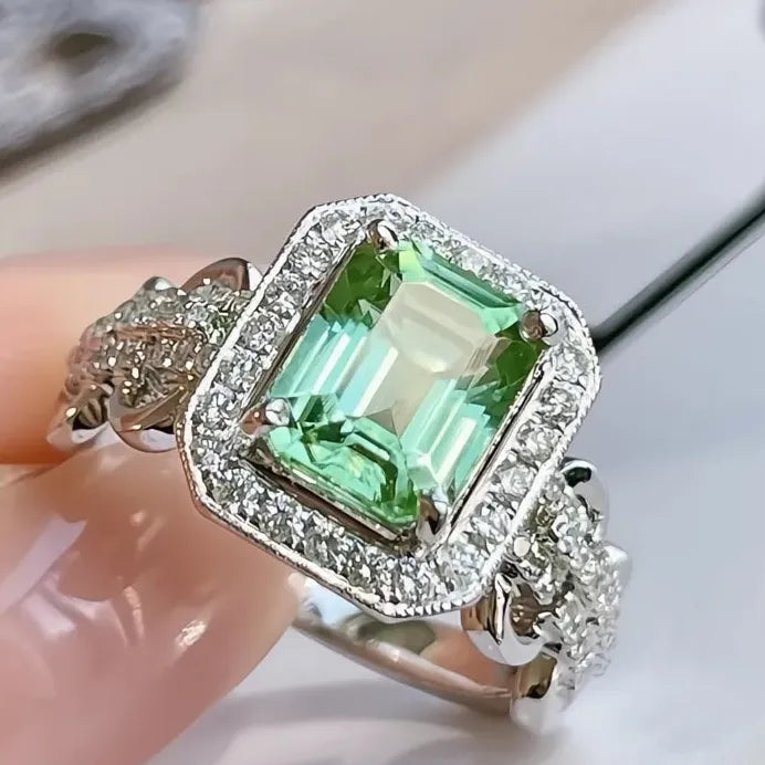 Green CZ Geometric Brass Ring for Women Wedding Party Jewelry Accessory