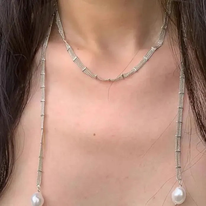 Light Luxury Silver Pearl Necklace Women Water Drop Pendant Extra-Long Chain Gift