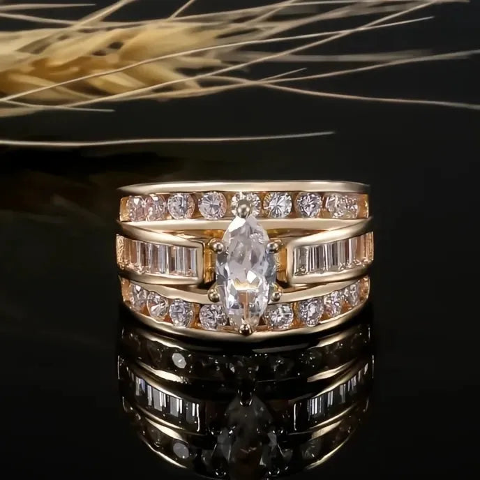 Luxury Marquise Cut Cubic Zirconia Brass Ring for Women Fashion Engagement Anniversary Jewelry