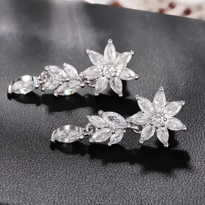 Copper Geometric Flower Drop Earrings with Cubic Zirconia for Wedding Jewelry