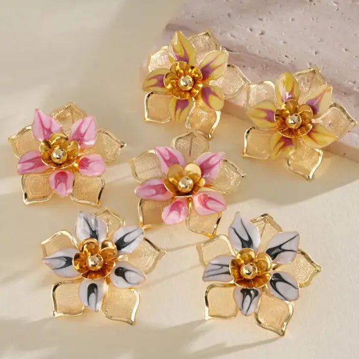 Vintage Drop Oil Flower Plant Motif Steel Needle Earrings for Women