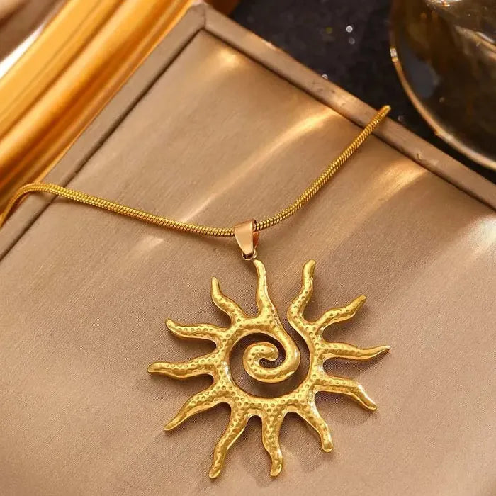 Stainless Steel Sun Pendant Necklace & Ring Set for Women Jewelry Gift