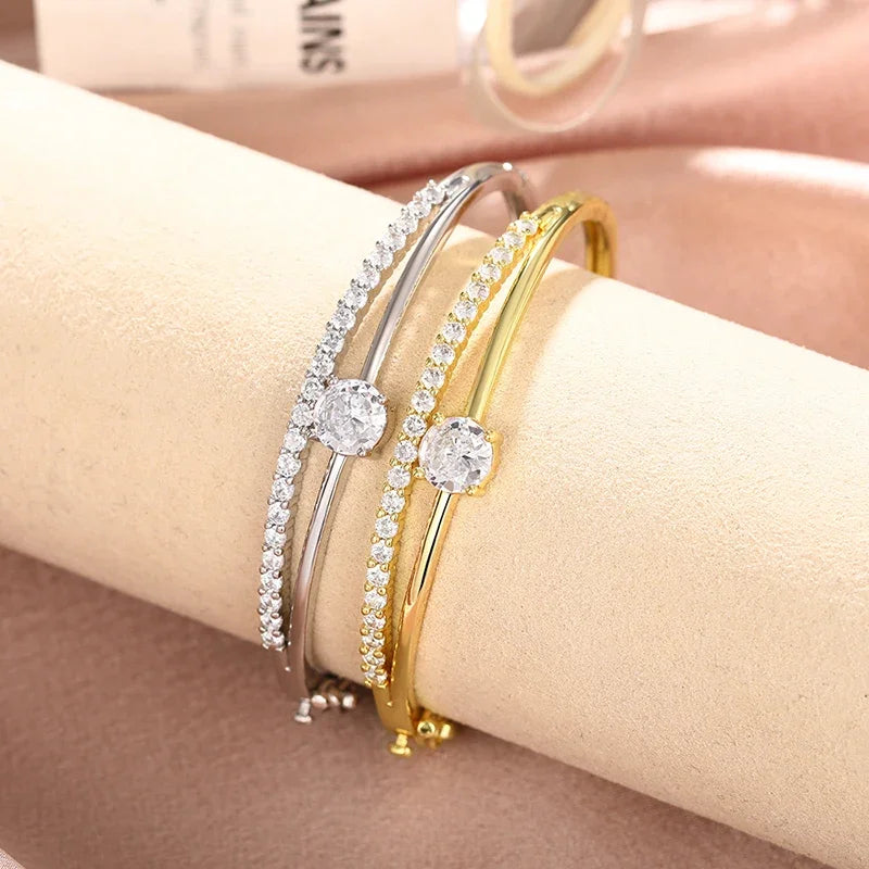 Geometric Double Line Bangle Bracelet with Cubic Zirconia for Women