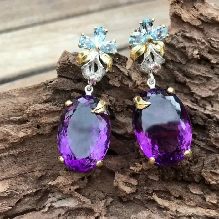 Purple Zircon Water Drop Flower Dangle Earrings Rhinestone Zinc Alloy Jewelry