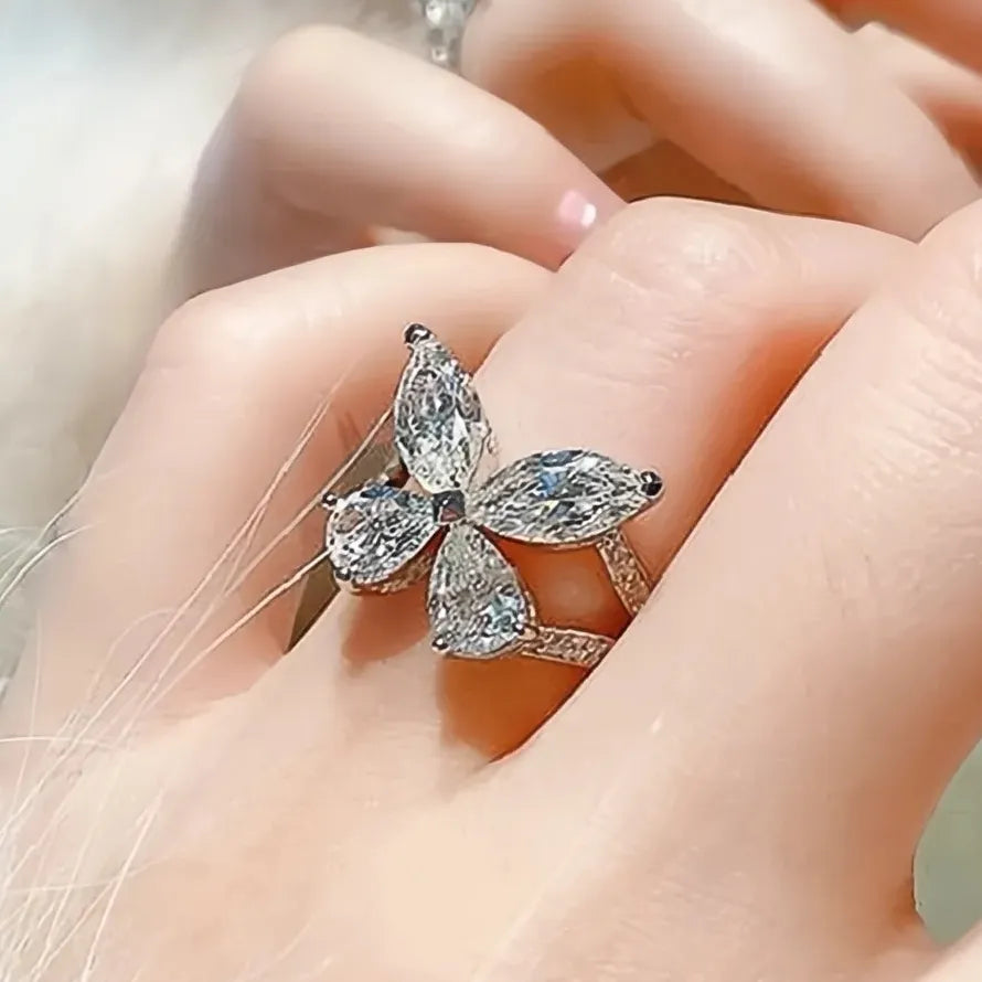 Silver Geometric Cubic Zirconia Wedding Ring for Women Brass Band