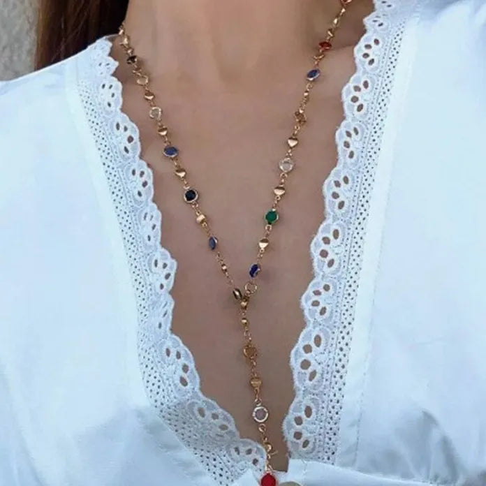 Colorful Crystal Y-Shaped Zinc Alloy Necklace Gold Silver Collarbone Chain