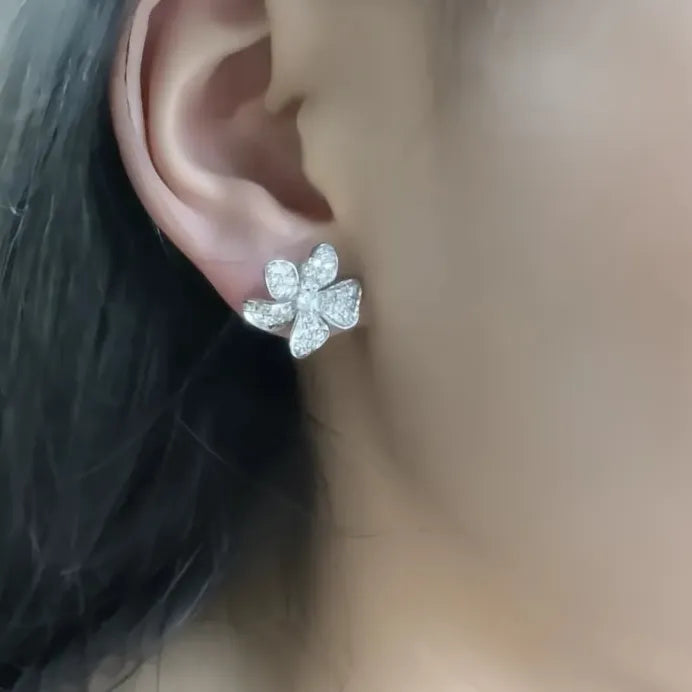Silver Cubic Zirconia Geometric Flower Stud Earrings for Women