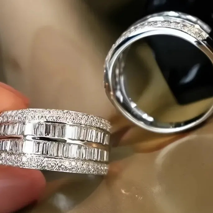 Wide Geometric Brass Ring with Cubic Zirconia Pavé Wedding Band for Women