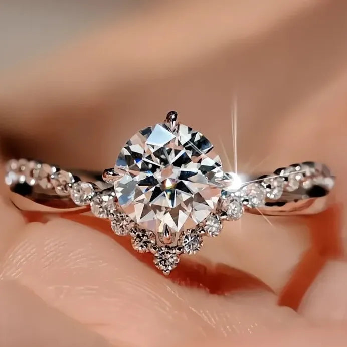 Luxury Women's Geometric Wedding Band Ring with Pave Cubic Zirconia