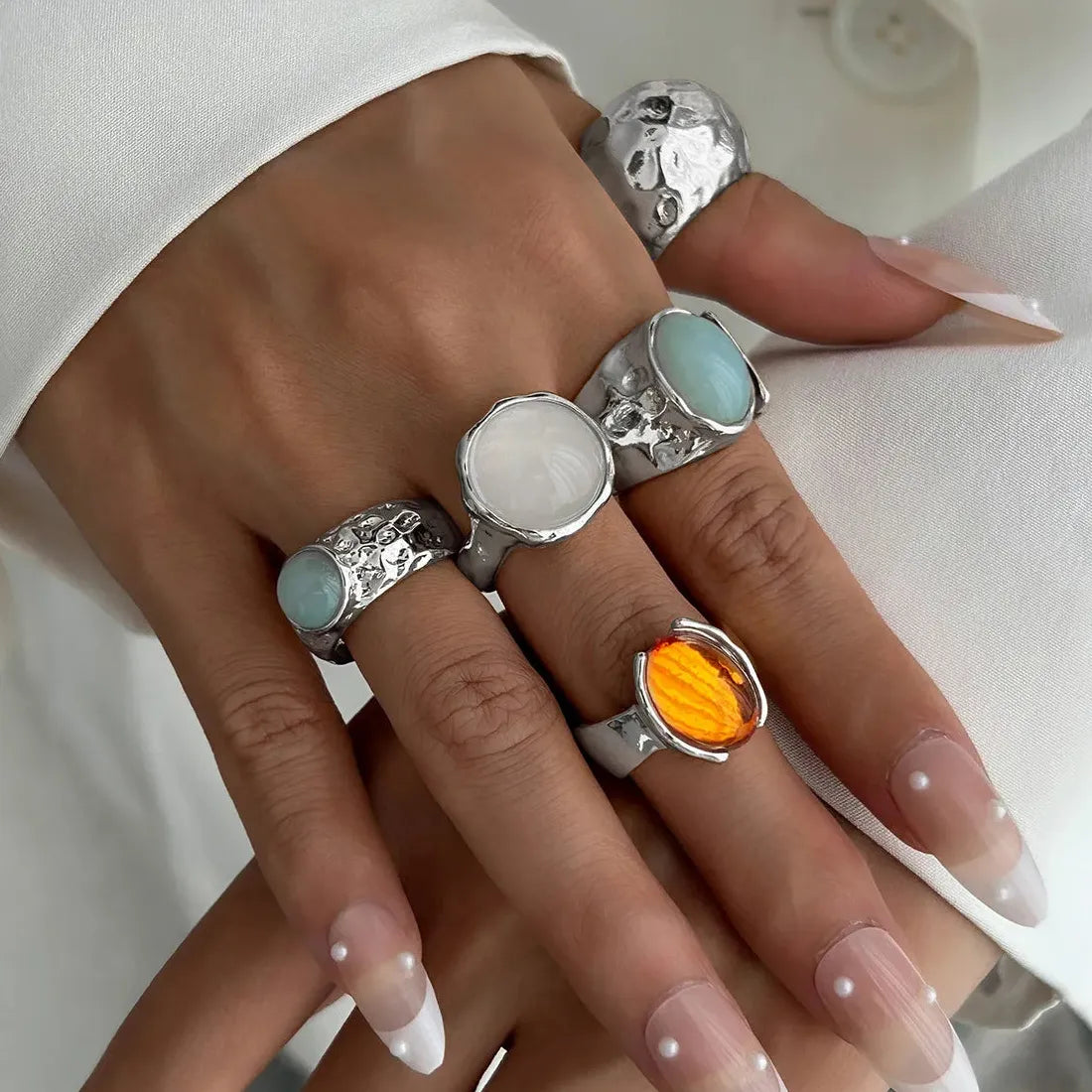 7Pcs Vintage Colorful Crystal Geometric Rings Set for Women Fashion Jewelry