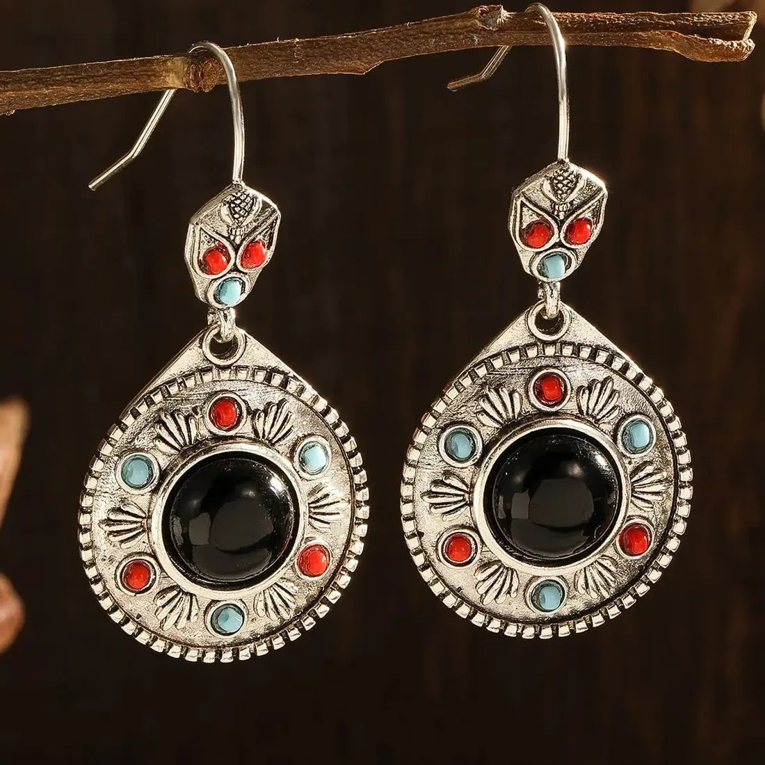 Boho Ethnic Enamel Drop Earrings for Women Retro Hollow Flower Zinc Alloy Jewelry