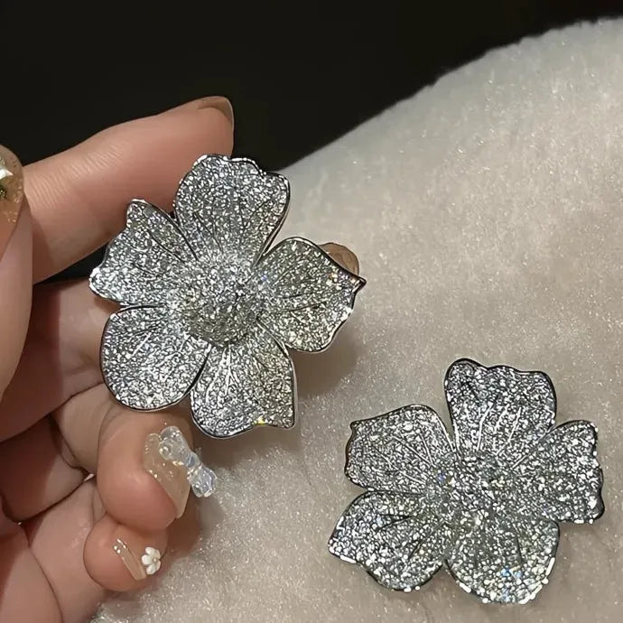 Big Flower Cubic Zirconia Geometric Stud Earrings Wedding Jewelry for Women