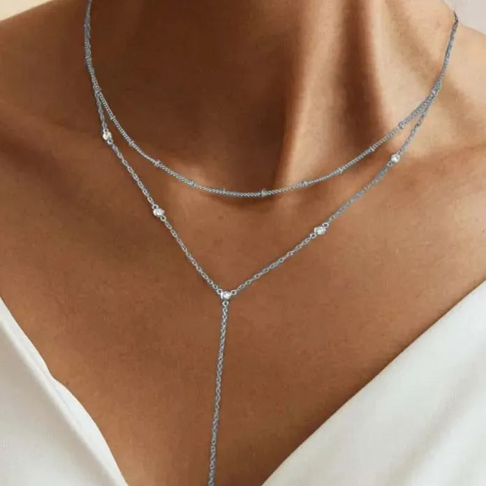 Gold Double Layered Y-Shaped Choker Necklace Featuring Crystal Tassel for Women