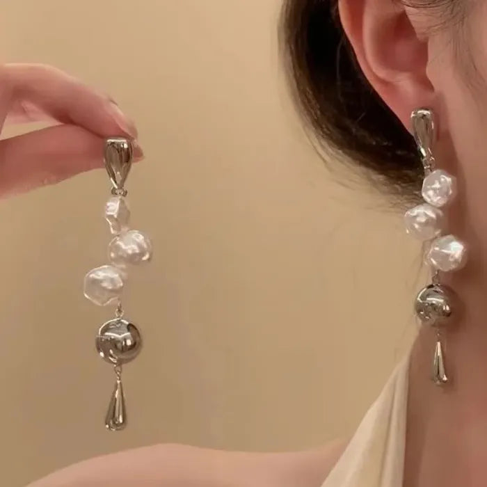 Korean Geometric Pearl Tassel Drop Earrings for Women Zinc Alloy Jewelry