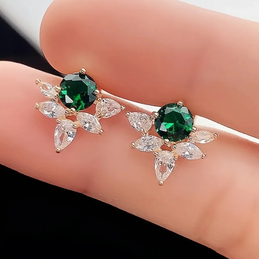Green Geometric Cubic Zirconia Copper Alloy Stud Earrings for Women