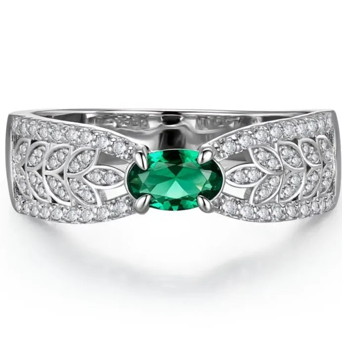 Silver Green Cubic Zirconia Leaf Shape Wedding Band Ring for Women
