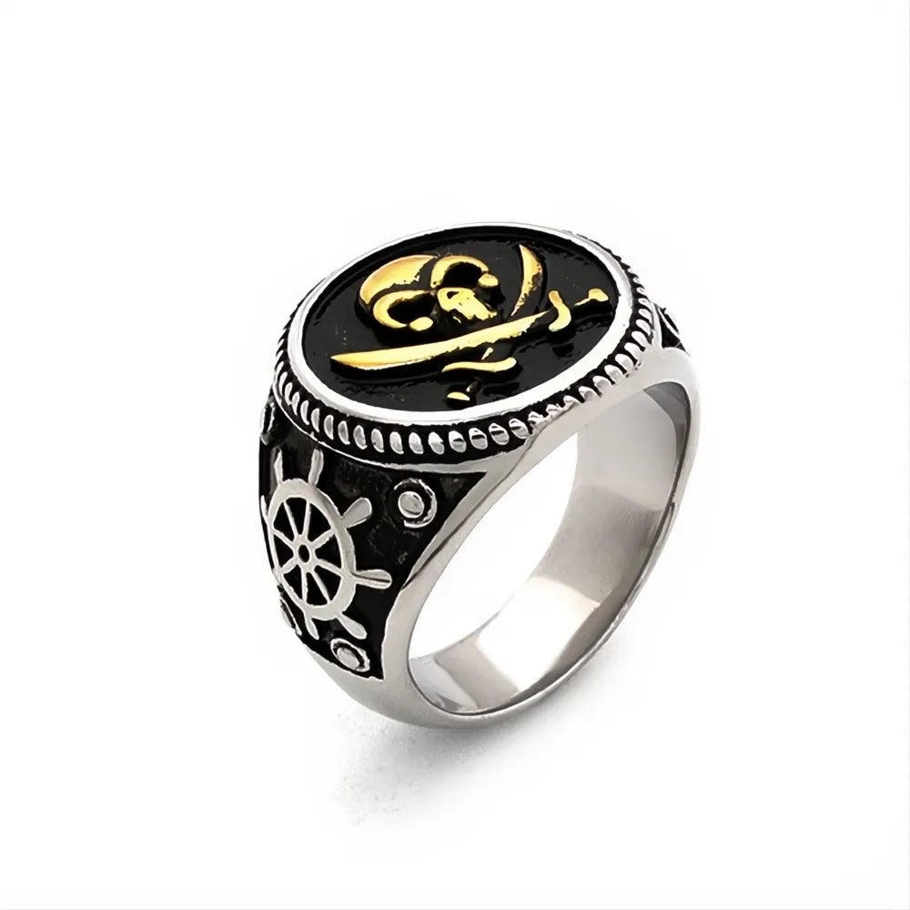 Vintage Men's Pirate Skull Double Knife Signet Ring 316L Stainless Steel Gold Silver Compass Goth Punk US 7-13