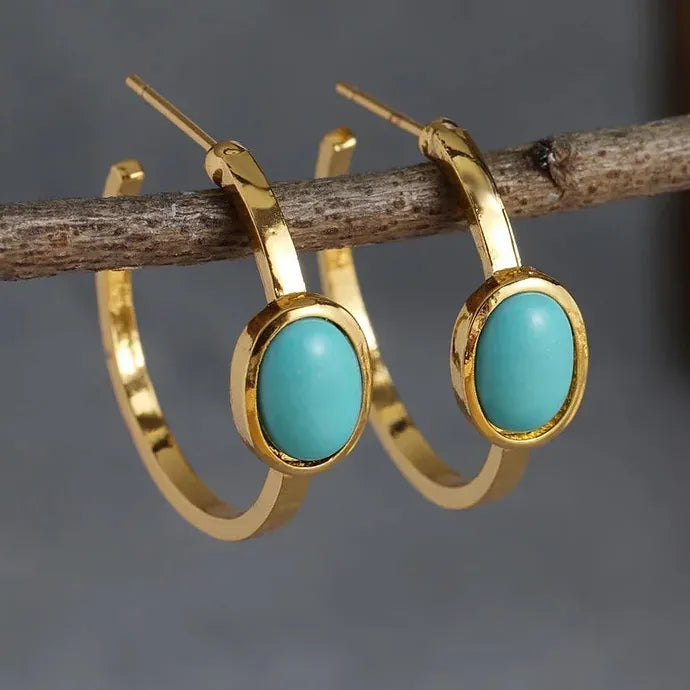 Vintage Oval Turquoise Hoop Earrings for Women Zinc Alloy Delicate Jewelry Gift
