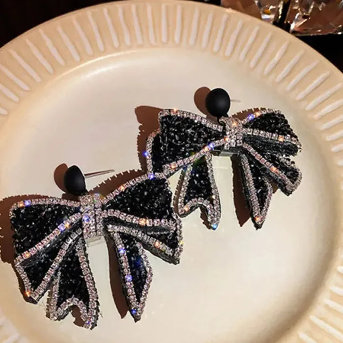 Korean Style Black Bowknot Rhinestone Drop Earrings for Women Jewelry
