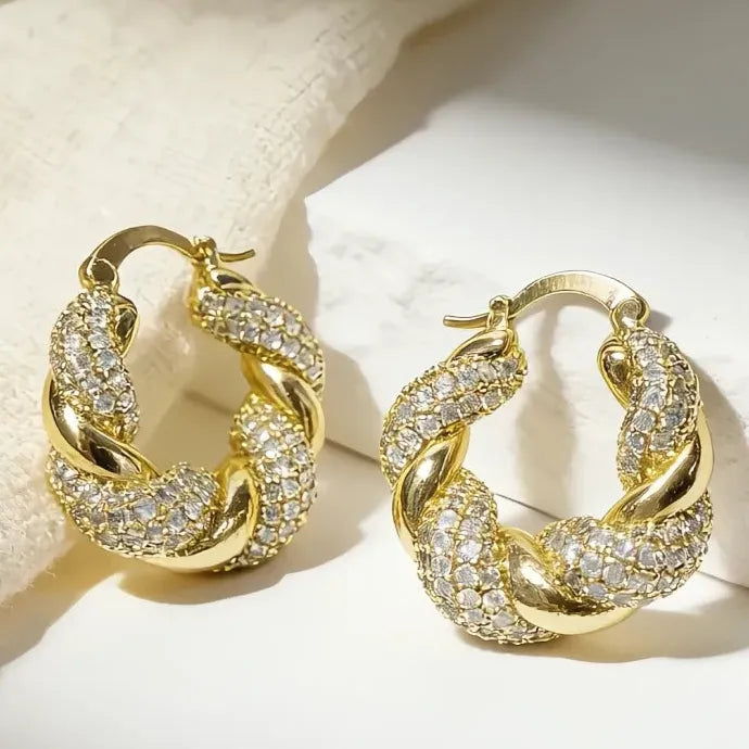 Chunky Twist Gold Cubic Zirconia Huggie Earrings Copper Alloy Geometric Drop