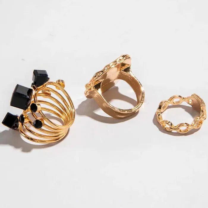 3Pcs Vintage Black Drip Oil Crystal Geometric Rings for Women Jewelry Gift