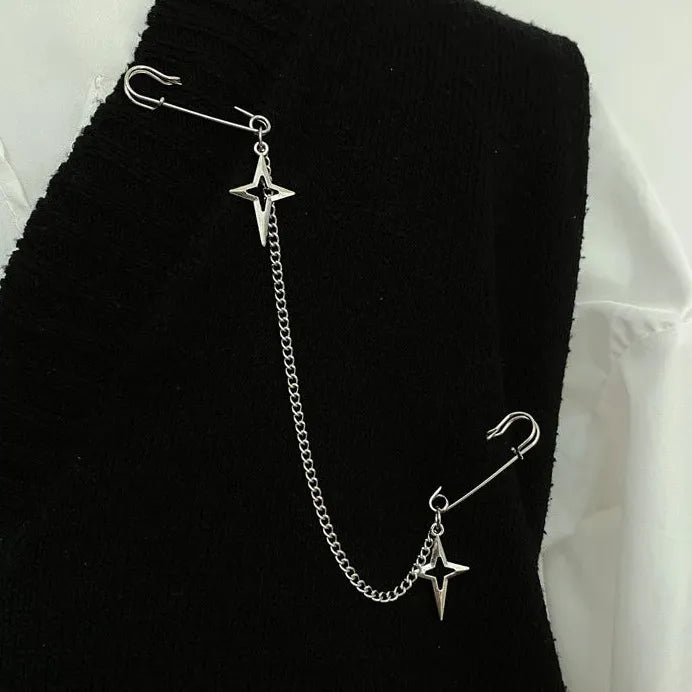 Zinc Alloy Punk Star Pendant Brooch with Double-Layer Tassel Chain for Women