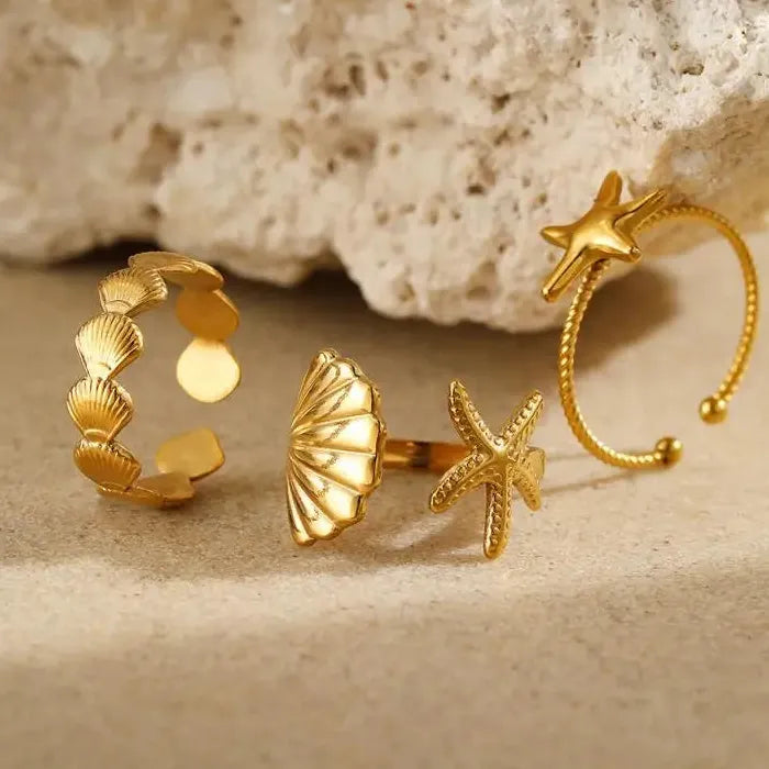 3Pcs Women's Ocean Starfish Shell Open Rings Gold Stainless Steel Jewelry Set